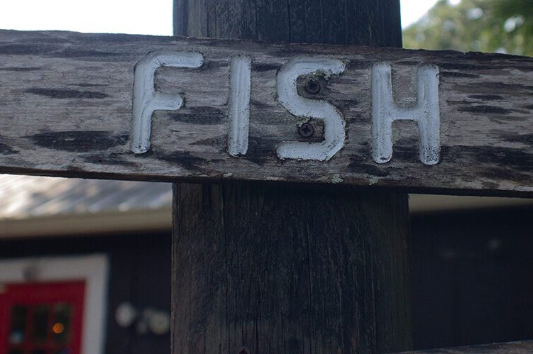 A wooden sign that says fish on it.