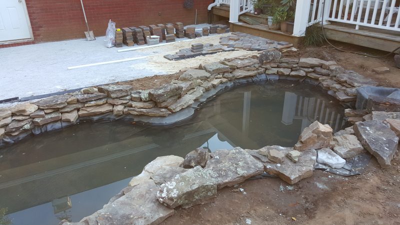 A pond with rocks and water in it