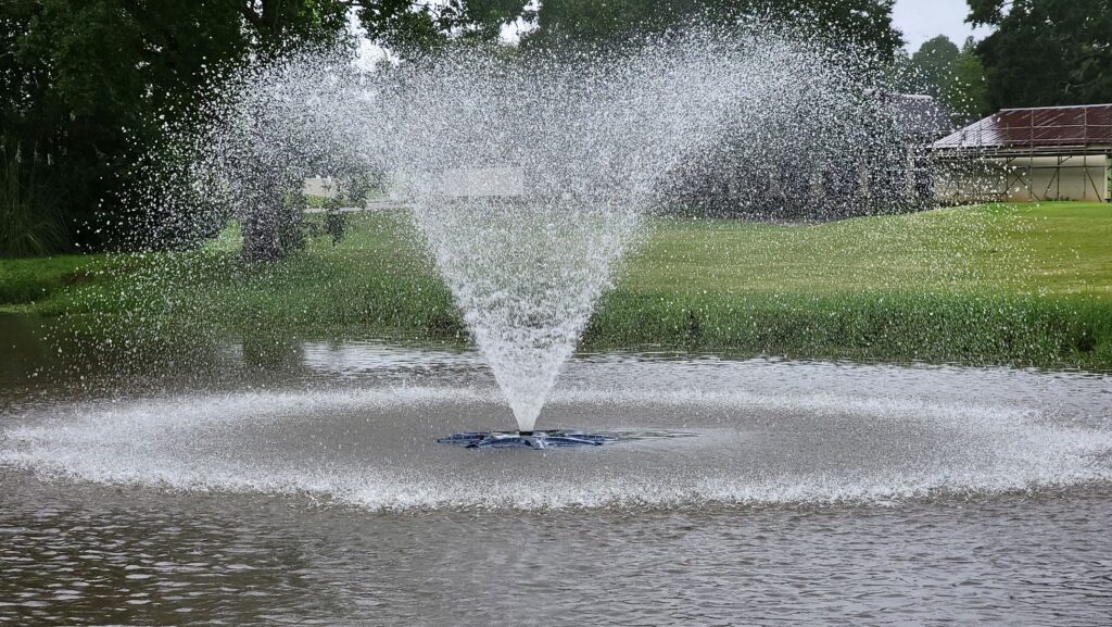 A water fountain that is spraying out of the ground.