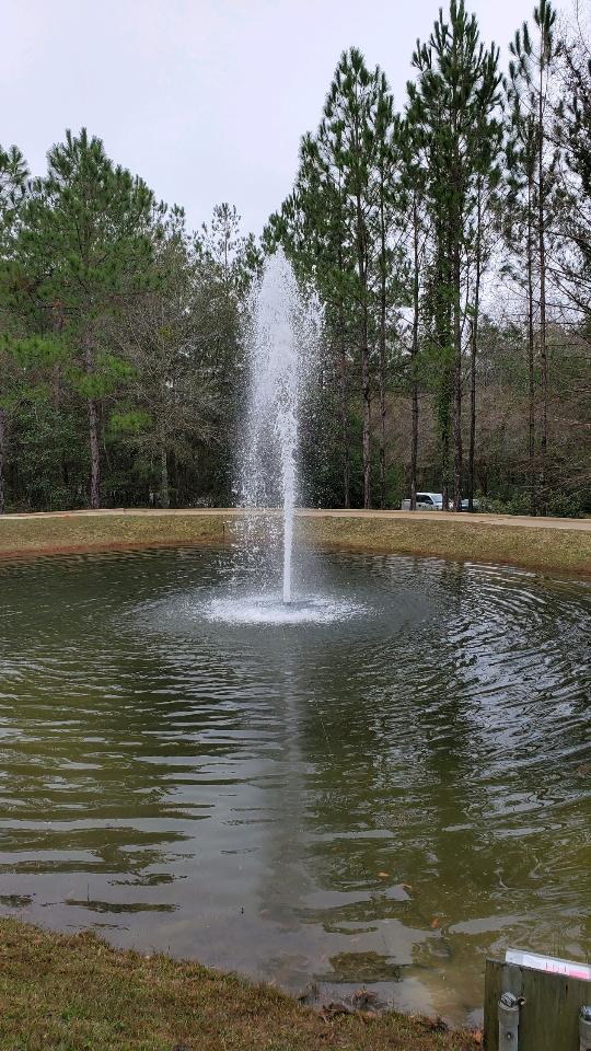 A fountain in the middle of a pond.